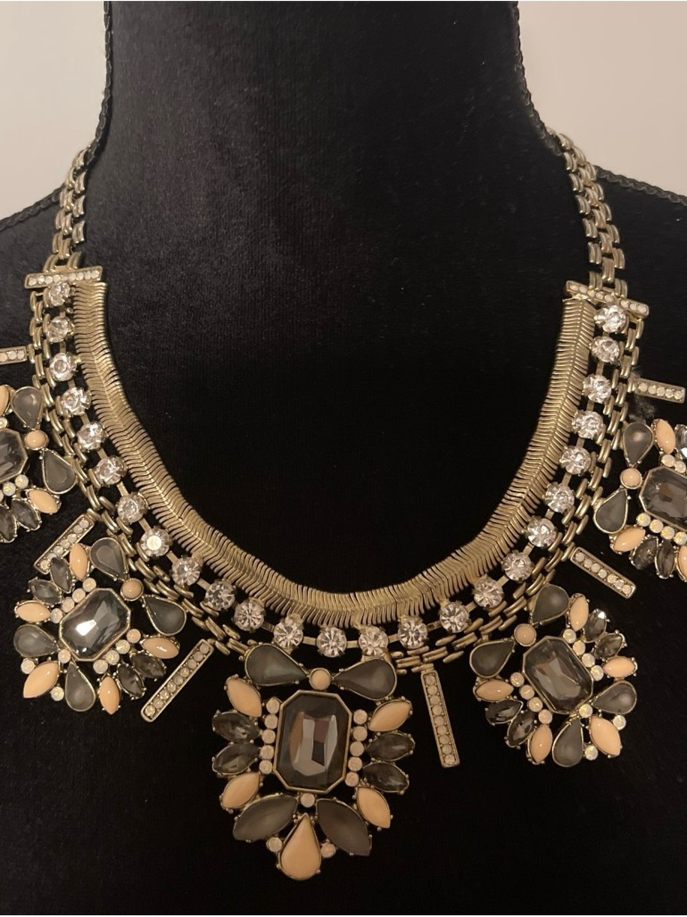 Statement Bib Necklace in Gold with Beige and Gray Stones